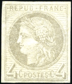 Stamp of France 4c Cérès, trois essais comportant tous les trois l