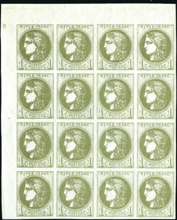 Stamp of France 1870 Bordeaux 1c Report 3, bloc de 16 timbres coin