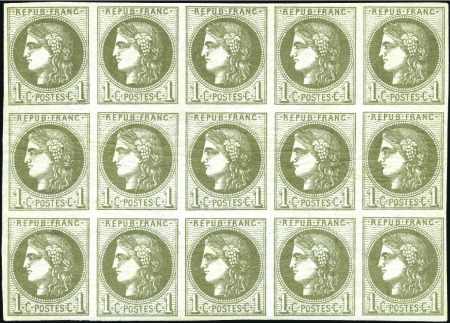 Stamp of France 1870 Bordeaux 1c Report 1, bloc report de 15 timbr