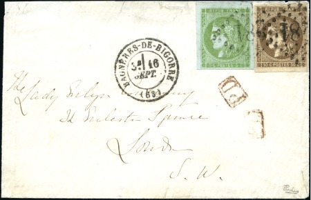 Stamp of France 1870 5c Bordeaux +30c Bordeaux, bien margés, obl. 