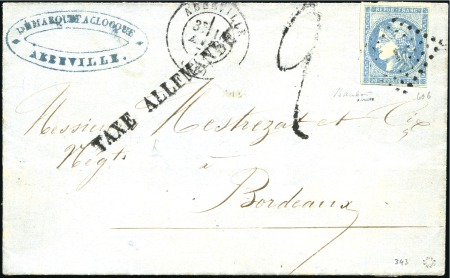 Stamp of France 1870 Bordeaux, trois lettres taxées : 10c taxé DT3