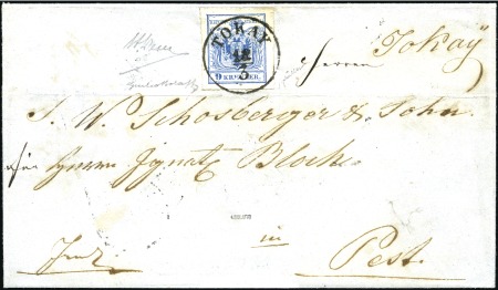 Stamp of Hungary 1850 9Kr Prussian Blue with "Tokay roulette" 14 ti