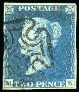 1840 2d Blue pl.1 MK with close to fine margins, w