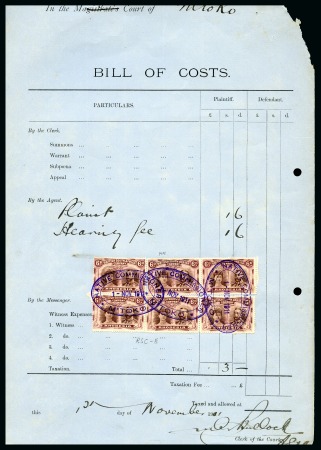 Stamp of Rhodesia 1911 Bill of Costs document with six 6d Double Hea