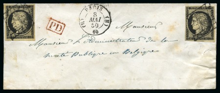 Stamp of France 1849 20c noir x2 sur enveloppe pour la Belgique av