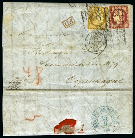 Stamp of France 1849 10c bistre + 1F obl. grille sans fin sur lett