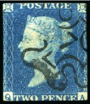 Stamp of Great Britain » 1840 2d Blue (ordered by plate number) 1840 2d Blue group of three with rare cancels incl