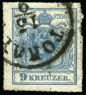 Stamp of Austria 1850 9kr Blue, type IIIa, hand-made paper, with "T