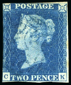 1840 2d Blue CK pl.2 with BLUE MC, cut into on two