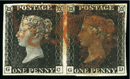 1840 1d Black GC-GD pl.1b pair, with GC showing no