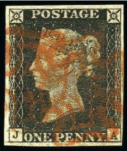 1840 1d Black JA pl.2 with constant variety on "A"