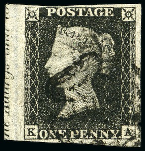 1840 1d Black KA pl.6 with partial marginal inscri