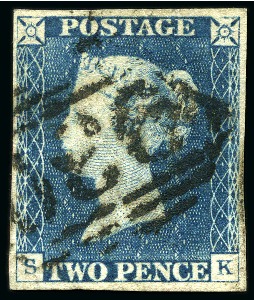 Stamp of Great Britain » 1840 2d Blue (ordered by plate number) 1840 2d Blue pl.1 SK with fine to good margins can
