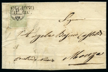1854 15c Green & black fiscal used as postage, tie