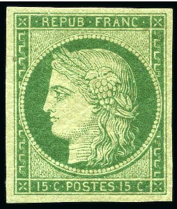 Stamp of France 1849 15c vert clair, belles marges, neuf avec bell