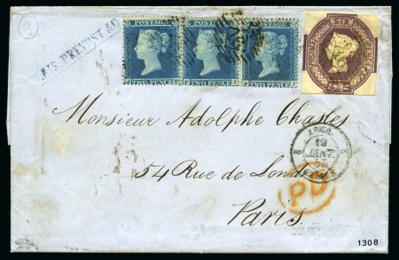 1855 Folded letter to Paris with 6d embossed +2d (