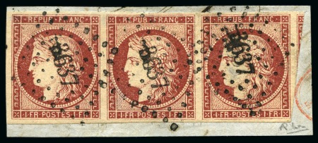 Stamp of France 1849 1F carmin en bande de trois obl. PC sur petit