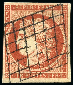 Stamp of France 1849 1F vermillon obl. grille propre, au filet à g