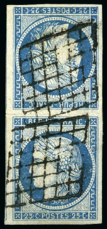 Stamp of France 1849 25c bleu en paire TETE-BECHE obl. grille, voi