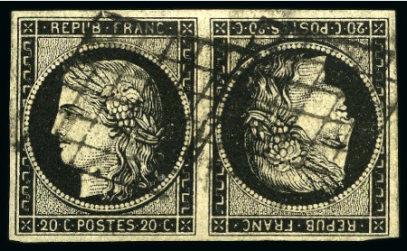 Stamp of France 1849 20c noir en paire TETE-BECHE obl. grille, bie