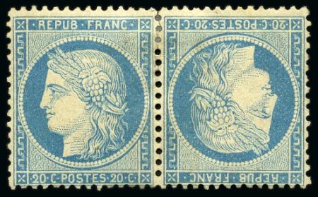 Stamp of France 1870 20c Siège en paire TETE-BECHE neuve, léger éc