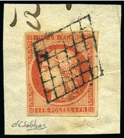 Stamp of France 1849 1F vermillon vif bien margé et oblitéré grill
