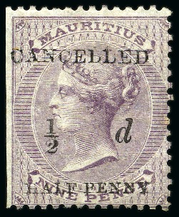 Stamp of Mauritius 1876 1/2d on 9d with black surcharge and "CANCELLE
