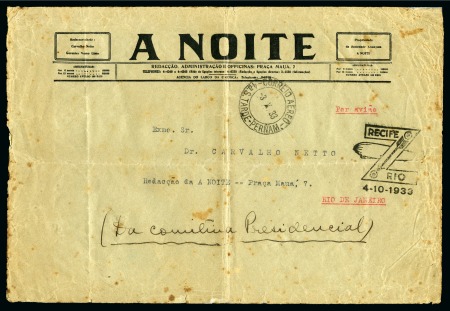 Stamp of Rarities of the World 1933 Envelope of the journal A NOITE, sent by Zepp
