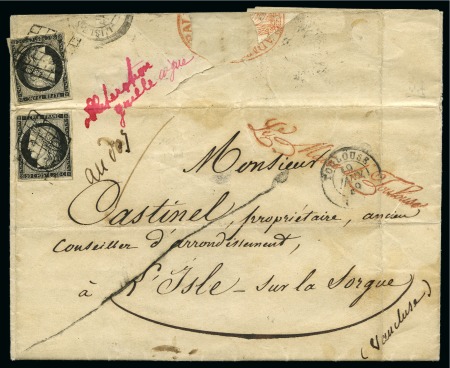 Stamp of France 1849 20c noir x2 (dont un au dos) obl. grille sur 