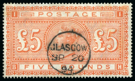 1867-83 £5 Orange BH with Glasgow cds, showing dis