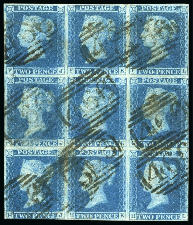 Stamp of Great Britain » 1841 2d Blue 1841 2d Blue pl.3 FJ/HL block of 9, just touched o