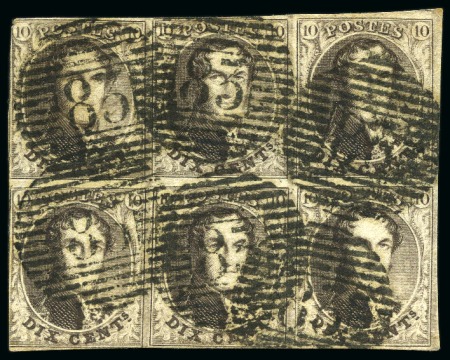 Stamp of Belgium 1851 10C Brown, horizontal block of six cancelled 
