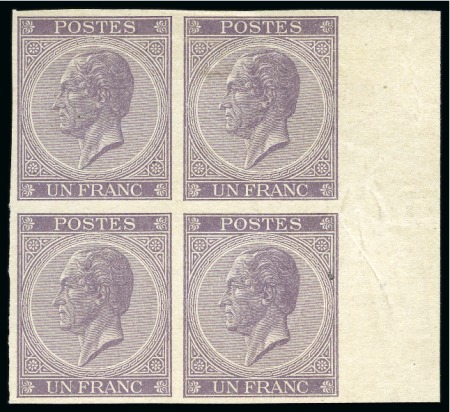 Stamp of Belgium 1865-66 1F Lilac, IMPERFORATE marginal block of fo