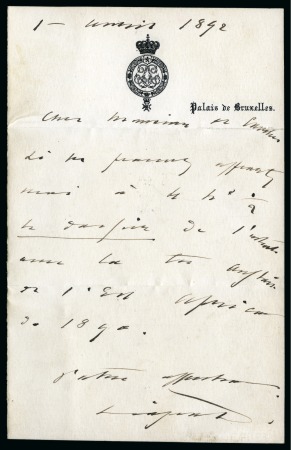 Stamp of Belgium » Belgique. Histoire Postale 1892 Letter with LL monogram and signed by King Lé