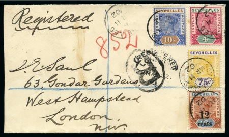 Stamp of Seychelles 1902 (Mar 11) Envelope sent registered to UK with 
