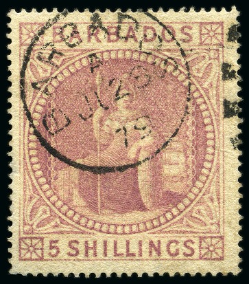Stamp of Barbados 1873 5s Dull Rose with neat Barbados cds, small wr
