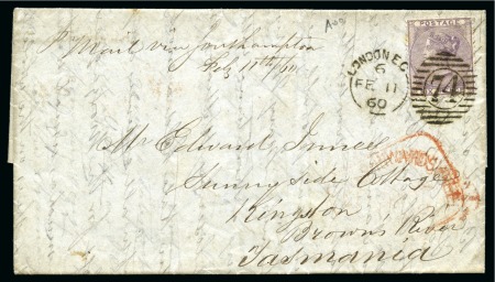 Stamp of Great Britain » 1855-1900 Surface Printed 1860 (Feb 11) Entire from London to TASMANIA with 
