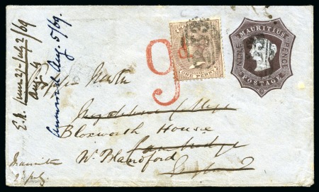 Stamp of Mauritius 1869 9d Mauve-brown postal stationery envelope to 