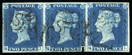 1840 2d Blue pl.1 QJ-QL strip of three with fine t