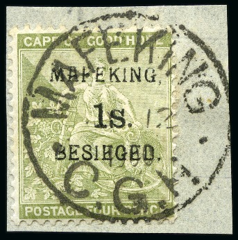 Stamp of South Africa » Mafeking 1900 Cape 1s on 4d sage-green tied to piece by Maf