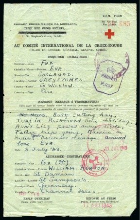 1943-44 Irish Red Cross Society air mail message f