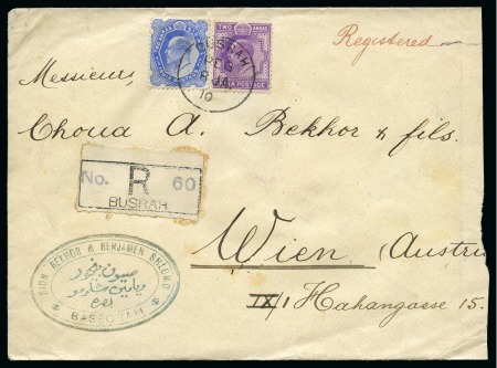 1910 (Jan 8) Envelope sent registered to Austria with KEVII 2a and 2a6p tied BUSRAH cds