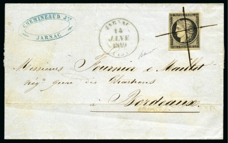 Stamp of France 20c noir obl. plume sur lettre de Jarnac 14.01.49 
