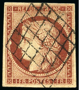 Stamp of France 1849 1F Cérès avec belle oblitération grille propr