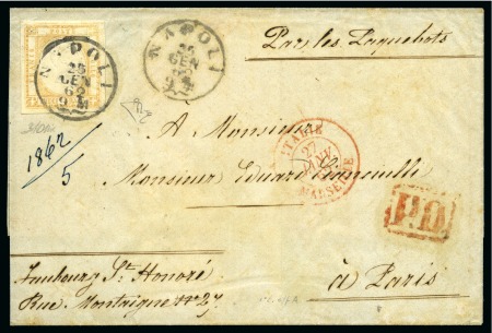 Stamp of Italian States » Naples 1861-62 Neapolitan Province POSTAL FORGERY 10Gr bistre tied by NAPOLI 25 GEN 62 on folded cover to Paris