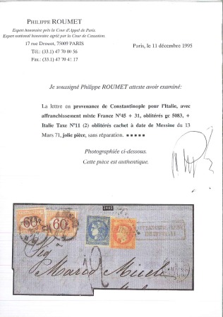Stamp of Palestine and Holy Land » Palestine French Levant Offices CONSTANTINOPLE Lettre pour Messine avec 20c Bordea