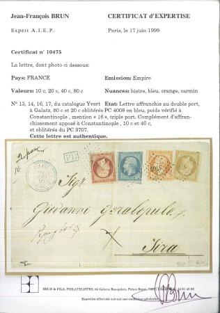Stamp of Palestine and Holy Land » Palestine French Levant Offices GALATZ Lettre pour Syros affranchie en double port