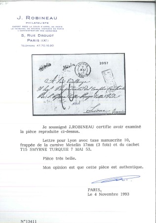 Stamp of Palestine and Holy Land » Palestine French Levant Offices METELIN Lettre pour Lyon taxée "10" avec cursive M