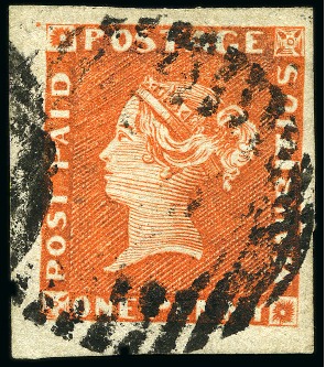 1848-59 Post Paid 1d orange-vermilion on thick yel