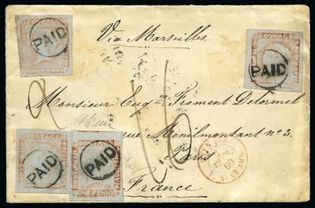1848-59 Post Paid 1d red on bluish, worn impressio